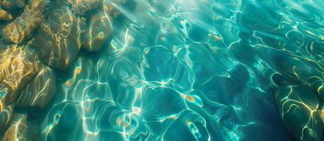 ai généré lumière reflets mer l'eau surface, d'or et turquoise teintes. relaxation, bien-être, vacances concept photo