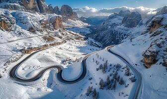 ai généré l'hiver torsion aérien serpent route vue photo