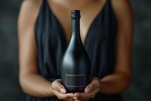 ai généré fermer de une femme main en portant une bouteille de Champagne. endroit pour le une inscription photo