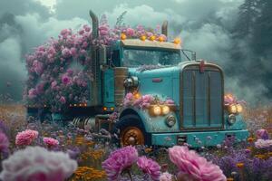 ai généré un vieux un camion dans une fleur lit. décor photo