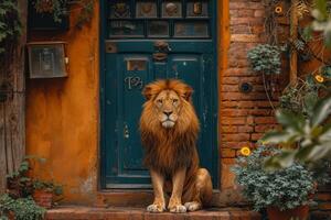 ai généré une gros Lion est séance garde le de face porte de le maison photo