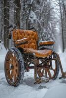 ai généré surréaliste vide fauteuil roulant à l'extérieur dans hiver photo