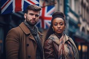 ai généré portrait de une homme et une femme patriotes de leur pays contre le Contexte de une ville rue photo