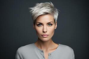 ai généré portrait de une femme avec court couleur cendrée cheveux photo