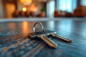 ai généré le clé à le maison avec une porte-clés est sur le table photo