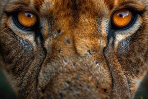 ai généré portrait de une les Lions museau dans fermer. le les Lions tête photo