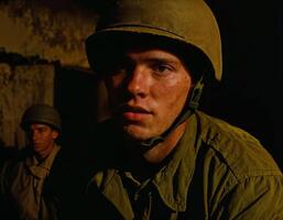 ai généré photo de intense soldat homme dans armée tenue et casque dans sérieux dangereux guerre à nuit, génératif ai