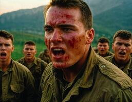 ai généré photo de intense soldat homme dans armée tenue et casque dans sérieux dangereux guerre argumenter avec autre, génératif ai