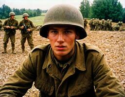 ai généré photo de intense soldat homme dans armée tenue et casque dans sérieux dangereux guerre en marchant sur champ, génératif ai