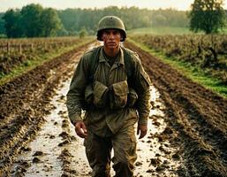 ai généré photo de intense soldat homme dans armée tenue et casque dans sérieux dangereux guerre en marchant sur champ, génératif ai