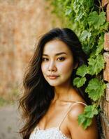 ai généré photo de magnifique asiatique femme permanent à brique mur rue, génératif ai