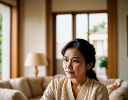 ai généré photo de magnifique asiatique femme comme une épouse avec curieuse visage sentiment à à l'intérieur sa loger, génératif ai