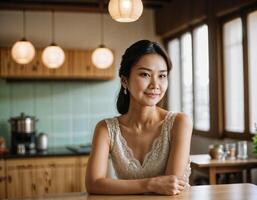 ai généré photo de magnifique asiatique femme comme une content épouse à cuisine, génératif ai