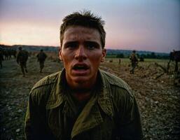 ai généré photo de intense soldat homme dans armée tenue dans sérieux dangereux guerre, génératif ai