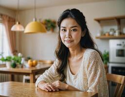 ai généré photo de magnifique asiatique femme comme une content épouse à cuisine, génératif ai