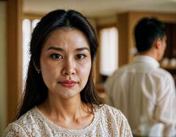 ai généré photo de magnifique asiatique femme comme une épouse avec curieuse visage sentiment à cuisine, génératif ai