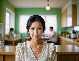 ai généré photo de magnifique asiatique femme comme une content épouse à cuisine, génératif ai