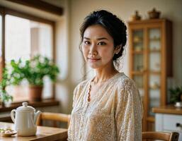 ai généré photo de magnifique asiatique femme comme une content épouse à cuisine, génératif ai