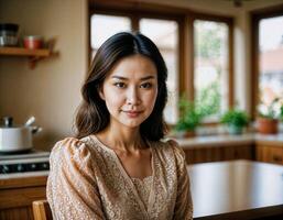 ai généré photo de magnifique asiatique femme comme une content épouse à cuisine, génératif ai