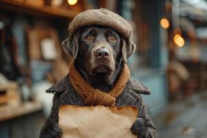 ai généré une chien dans une chapeau et vêtements lit une lettre séance dans le intérieur photo