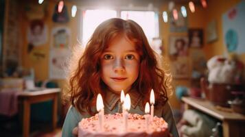 ai généré une rousse Jeune fille volonté coup en dehors le bougies sur le anniversaire gâteau photo