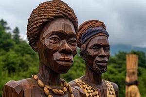 ai généré une portrait fabriqué de bois de un africain couple - une homme et une femme contre le Contexte de africain la nature photo