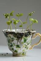 ai généré une vert Jeune plante dans une fleur pot, germination des graines dans une verre photo
