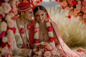 ai généré Indien la mariée et jeune marié à une de fête cérémonie. Indien mariage photo