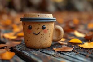 ai généré jetable café tasse avec une souriant visage sur un l'automne Contexte photo