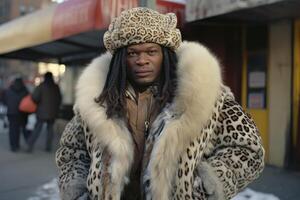 ai généré un Afro-américain bandit dans une fourrure manteau des stands sur une ville rue. Harlem photo