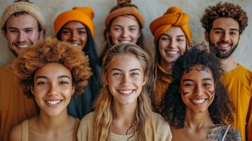 ai généré portrait de une Créatif affaires équipe permanent ensemble et en riant. une groupe de de bonne humeur gens de différent nationalités photo