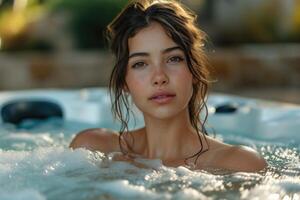 ai généré portrait de une magnifique Jeune fille dans une hydro bassin. spa photo