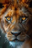 ai généré portrait de une les Lions museau dans fermer. le les Lions tête photo