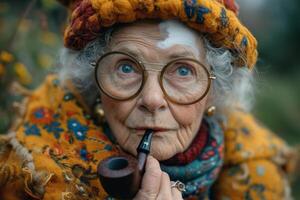 ai généré une à la mode personnes âgées femme fume une tuyau sur le rue dans l'automne photo