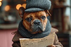 ai généré une chien dans une chapeau et vêtements lit une lettre séance dans le intérieur photo