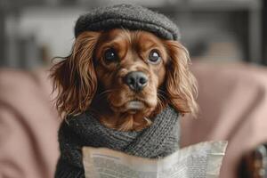 ai généré une chien dans une chapeau et vêtements lit une lettre séance dans le intérieur photo