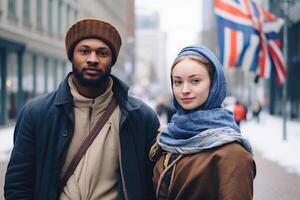 ai généré portrait de une homme et une femme patriotes de leur pays contre le Contexte de une ville rue photo