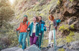 groupe de copains avec sacs à dos Faire trekking excursion sur Montagne - Jeune touristes en marchant et explorant le sauvage la nature - randonneur, sport, une randonnée et Voyage concept photo