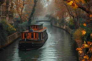 ai généré un vieux bateau dans le ville canal sur le l'eau photo