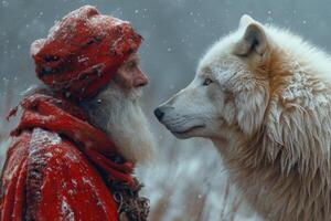 ai généré un personnes âgées homme dans de face de une Loup dans la nature photo