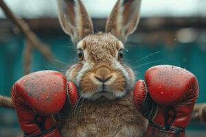 ai généré une lâche lapin dans boxe gants sur le Contexte de le anneau. 3d illustration photo