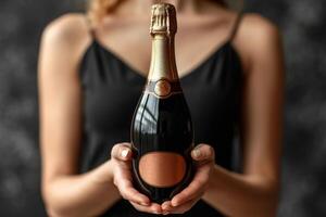 ai généré fermer de une femme main en portant une bouteille de Champagne. endroit pour le une inscription photo