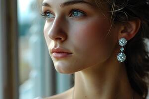 ai généré le visage de une magnifique élégant fille dans à la mode bijoux, grand des boucles d'oreilles photo