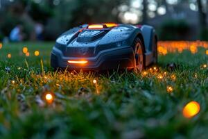 ai généré une robotique pelouse tondeuse des stands sur le pelouse près le maison après le coucher du soleil photo