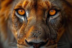 ai généré portrait de une les Lions museau dans fermer. le les Lions tête photo