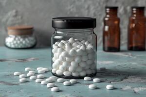 ai généré blanc capsules pour médicaments ou nourriture additifs dans une transparent Plastique bouteille sont sur le tableau. photo