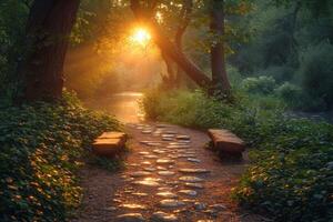 ai généré un ruelle dans le parc, une bordé d'arbres sentier par le parc dans été photo