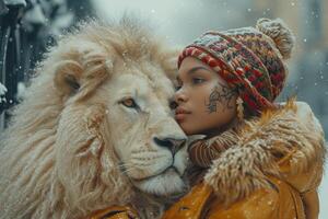 ai généré magnifique à la mode Jeune femme avec une magnifique gros Lion photo