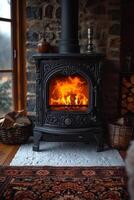 ai généré fonte le fourneau dans une rustique maison avec une Feu allumé à l'intérieur à chaleur le maison photo