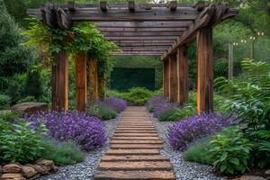 ai généré élégant en bois belvédère dans une magnifique vert jardin photo